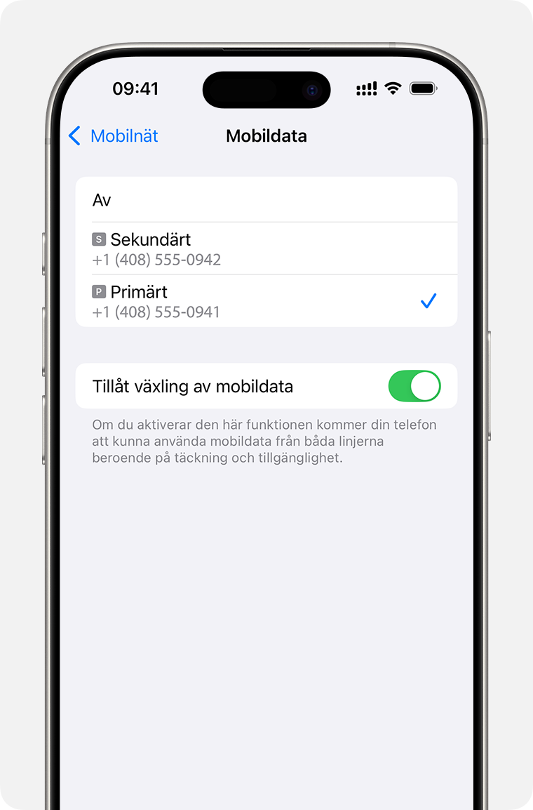 Mobildatainställning i iPhone där du kan ställa in vilket nummer som ska använda mobildata eller aktivera Tillåt växling av mobildata.