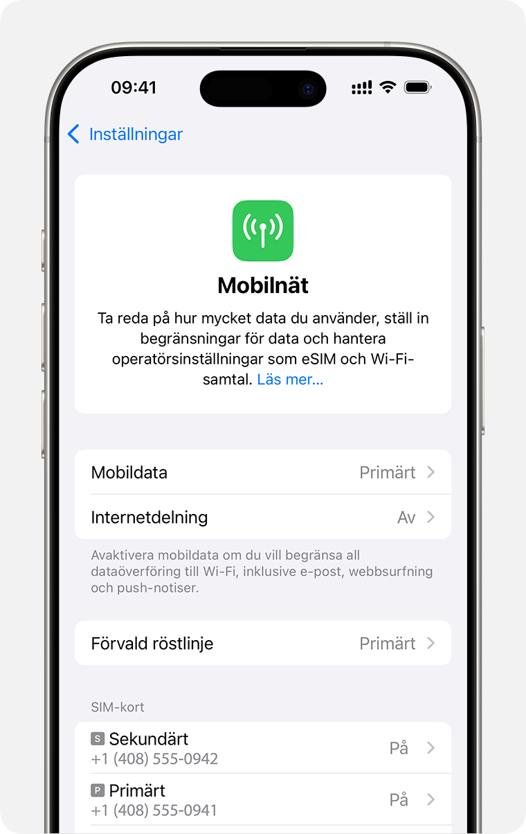 iPhone-skärm där du kan hantera mobilinställningar för alla dina abonnemang