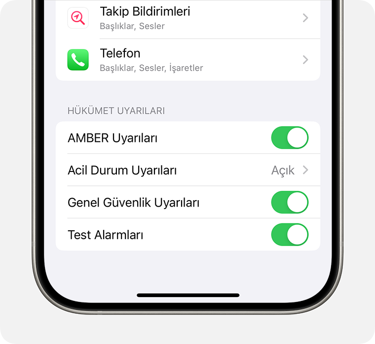 Bildirimler ayarında, hükümet ve acil durum uyarılarını açabilir veya kapatabilirsiniz.