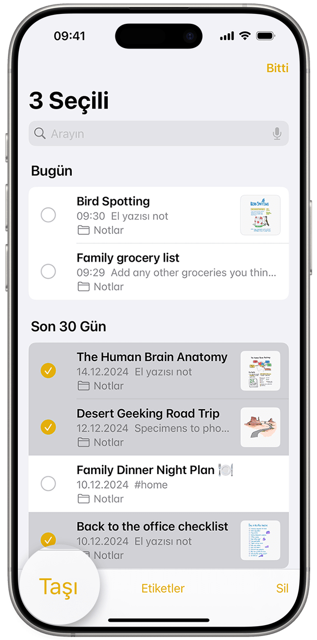 Notları farklı klasörlere taşımak için Notlar listenize gidin ve taşımak istediğiniz notlara dokunun.