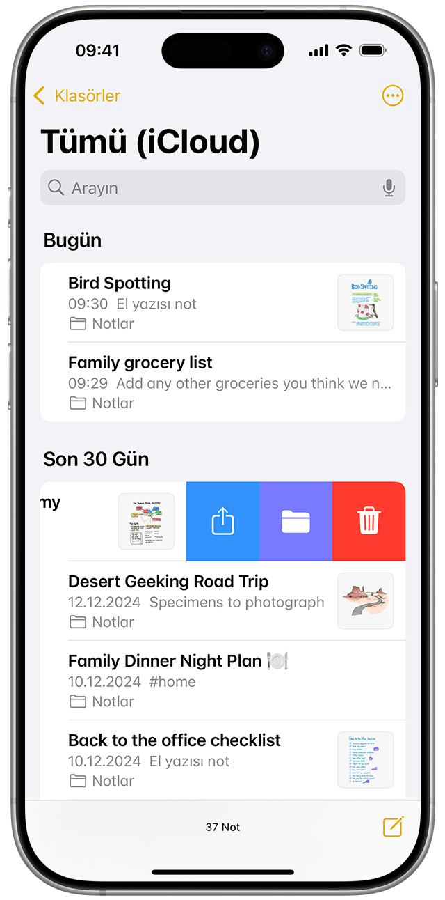 iOS 18'de bir notu silmek için Notlar listesinde notun üzerinde parmağınızı sola kaydırın, ardından Çöp Sepeti düğmesine dokunun.
