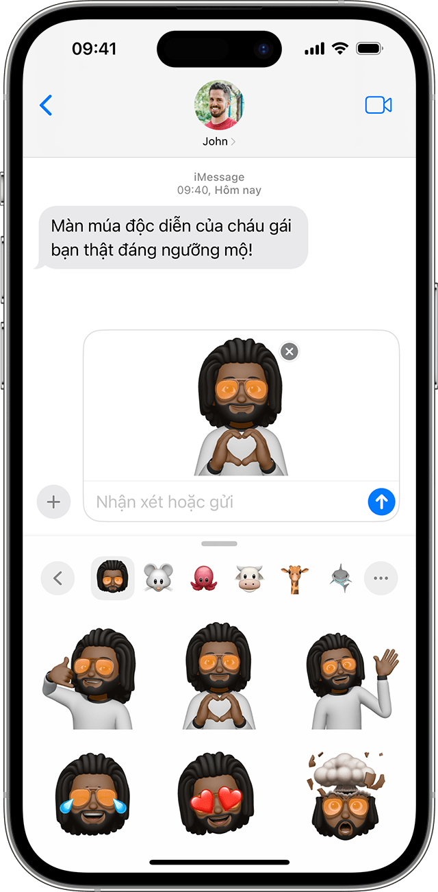 iPhone hiển thị cách chọn nhãn dán Memoji.