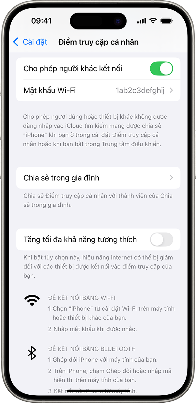 Màn hình iPhone hiển thị cài đặt Điểm truy cập cá nhân