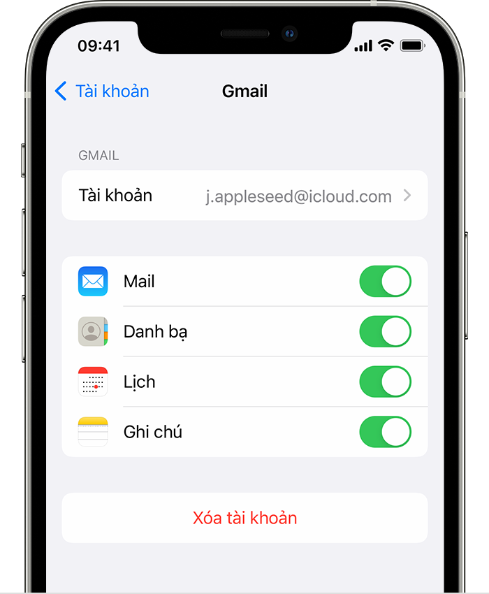 Điện thoại iPhone hiển thị thông số cài đặt cho tài khoản Gmail đã kết nối trong phần Cài đặt > Ứng dụng > Mail > Tài khoản > Gmail.