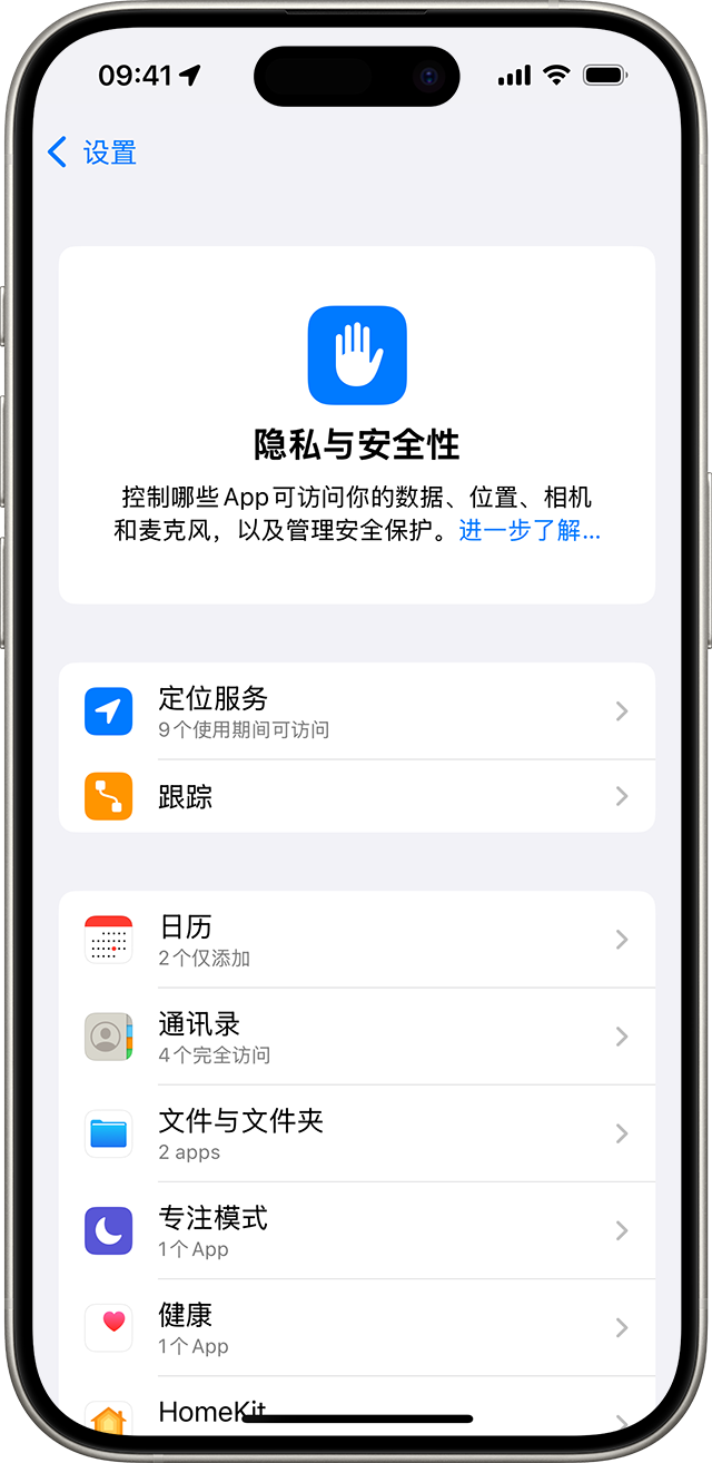 iPhone 上的“隐私与安全性”设置屏幕