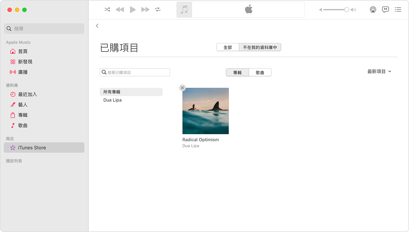 Mac 的 Apple Music App 顯示購買項目上的「隱藏購買項目」按鈕