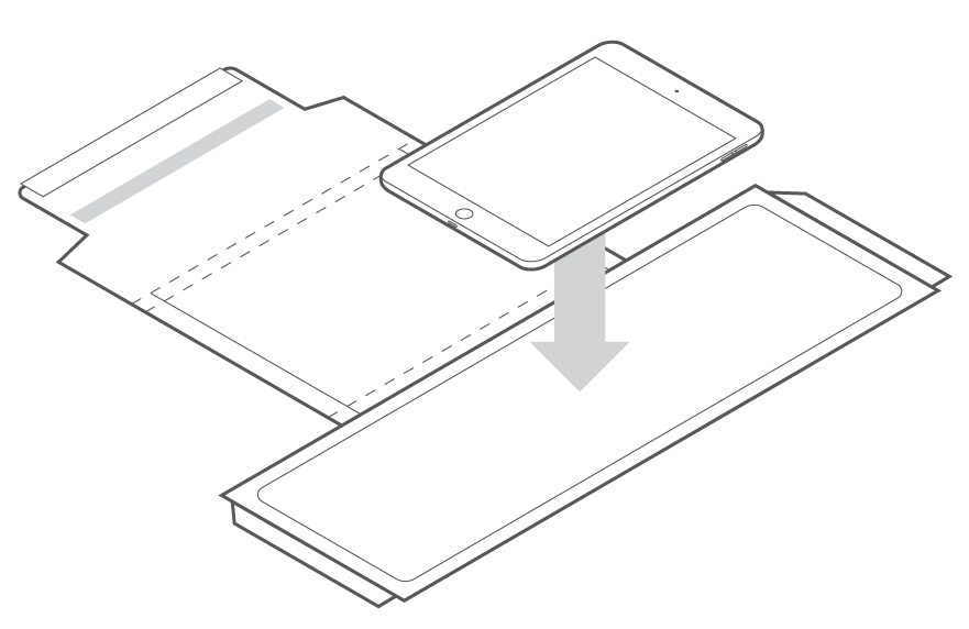 iPad being placed lengthwise between padded flaps of the cardboard mailer.