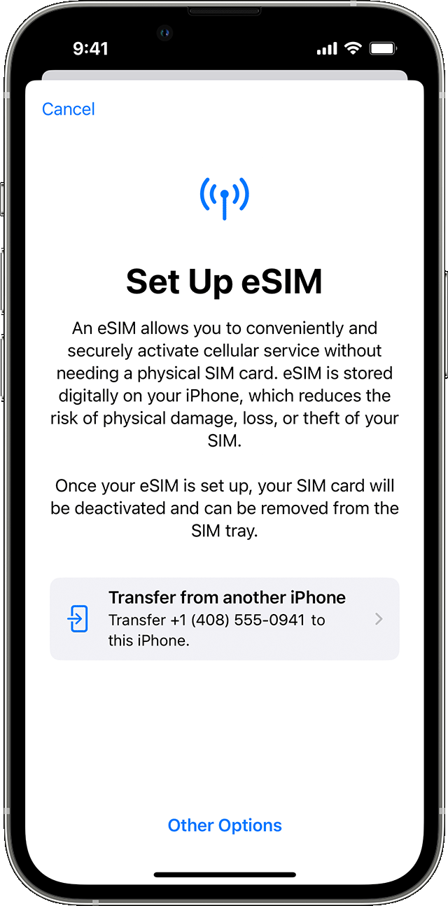 iPhone screenshot of setup of eSIM with option to transfer mobile plan from another iPhone.