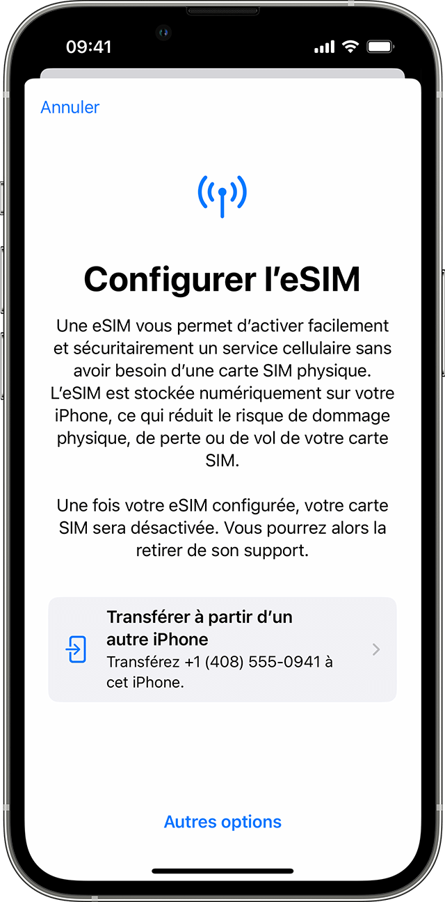 Capture d’écran de la configuration de l’eSIM par l’entremise de la solution de transfert de forfait cellulaire à partir d’un autre iPhone.