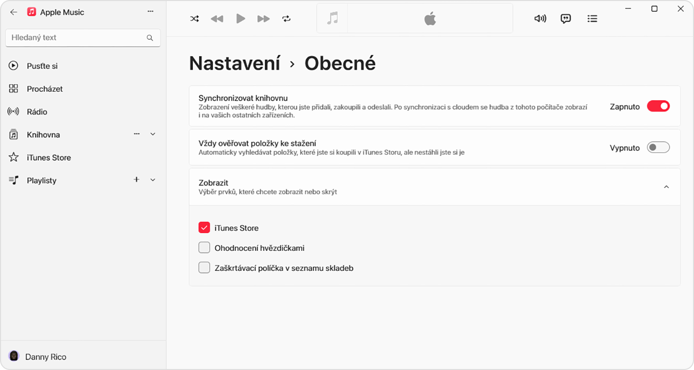 V aplikaci Apple Music pro Windows se zobrazuje zapnutá synchronizace knihovny v nabídce Nastavení > Obecné 