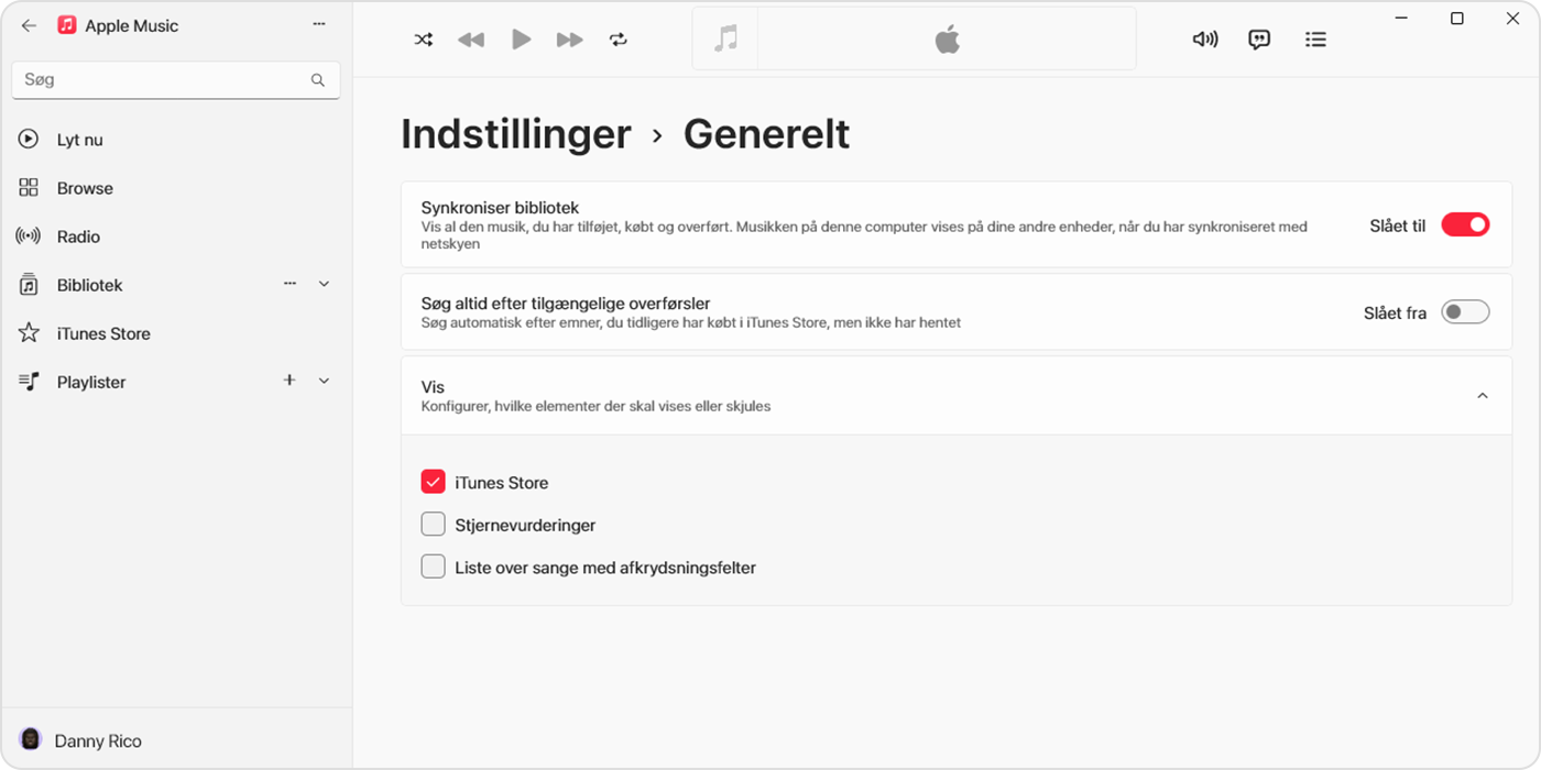 Appen Apple Music til Windows med visning af Synkroniser bibliotek slået til i Indstillinger > Generelt 