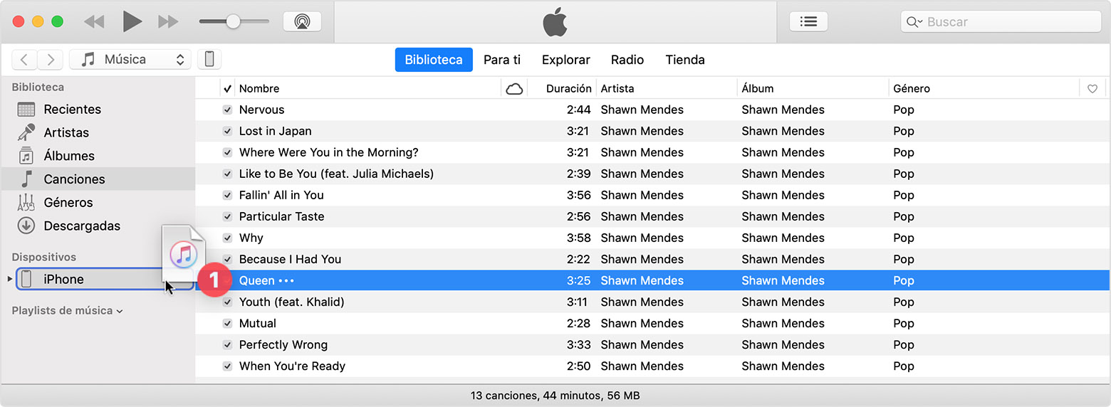 Puedes arrastrar una canción a tu dispositivo.