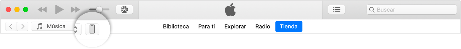 Barra de menús de iTunes, ícono de iPhone seleccionado.