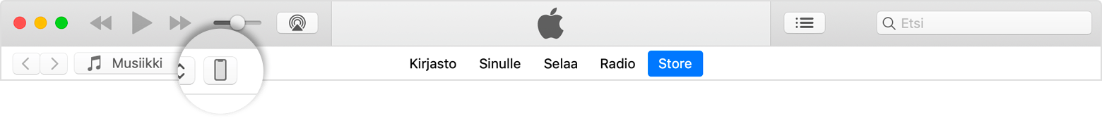 iTunesin valikkorivillä näkyy valittuna iPhone-kuvake.