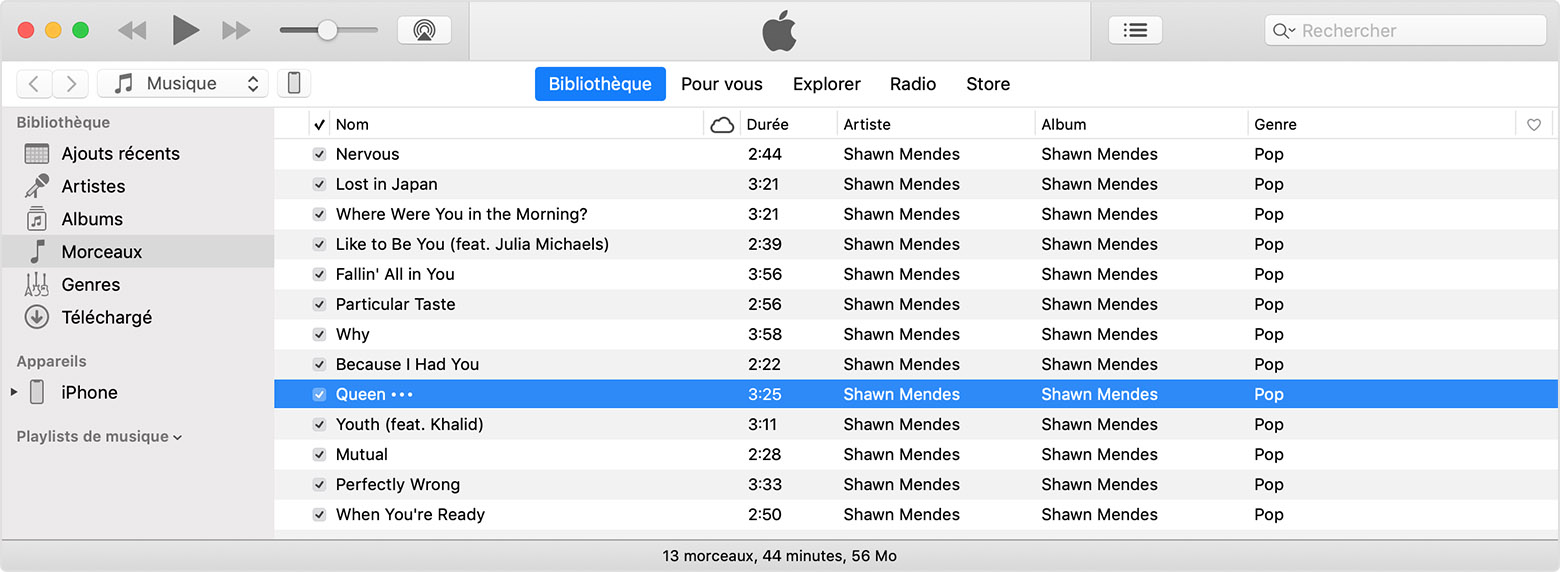 Un morceau est sélectionné dans une bibliothèque iTunes.