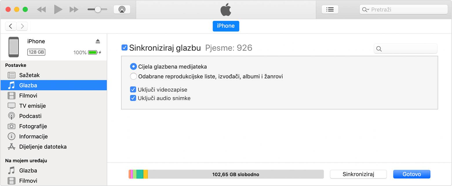 iTunes može prikazati sažetak svih medija na povezanom uređaju.