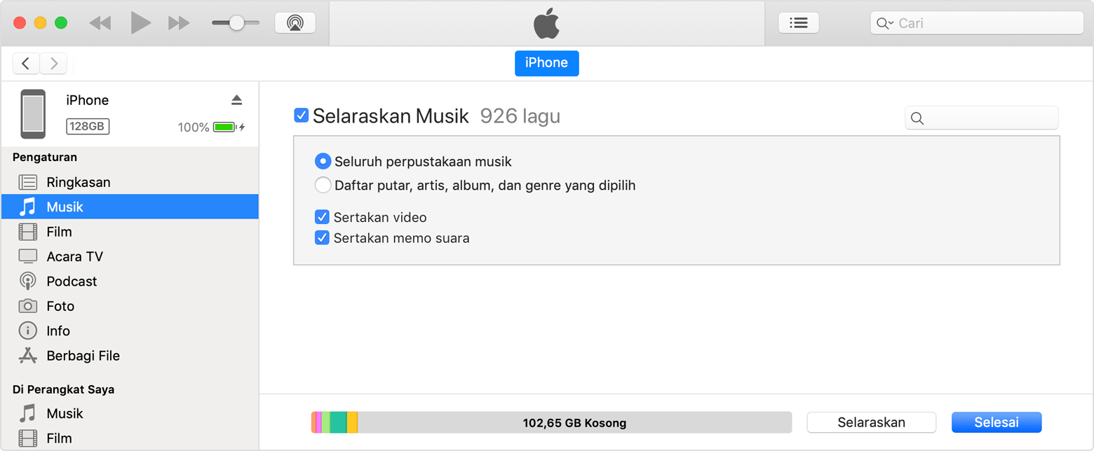 iTunes dapat menampilkan ringkasan semua media di perangkat yang terhubung.