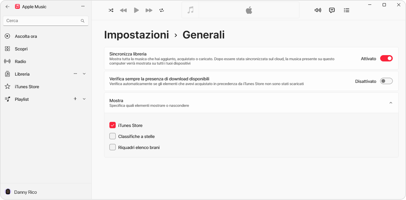 App Apple Music per Windows che mostra l'opzione Sincronizza libreria attivata in Impostazioni > Generali 