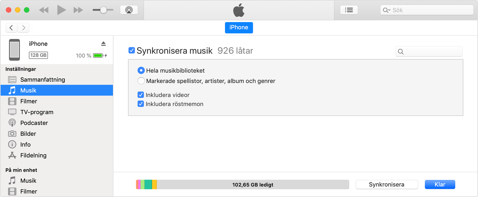 iTunes kan visa en sammanfattning av alla medier på din anslutna enhet.