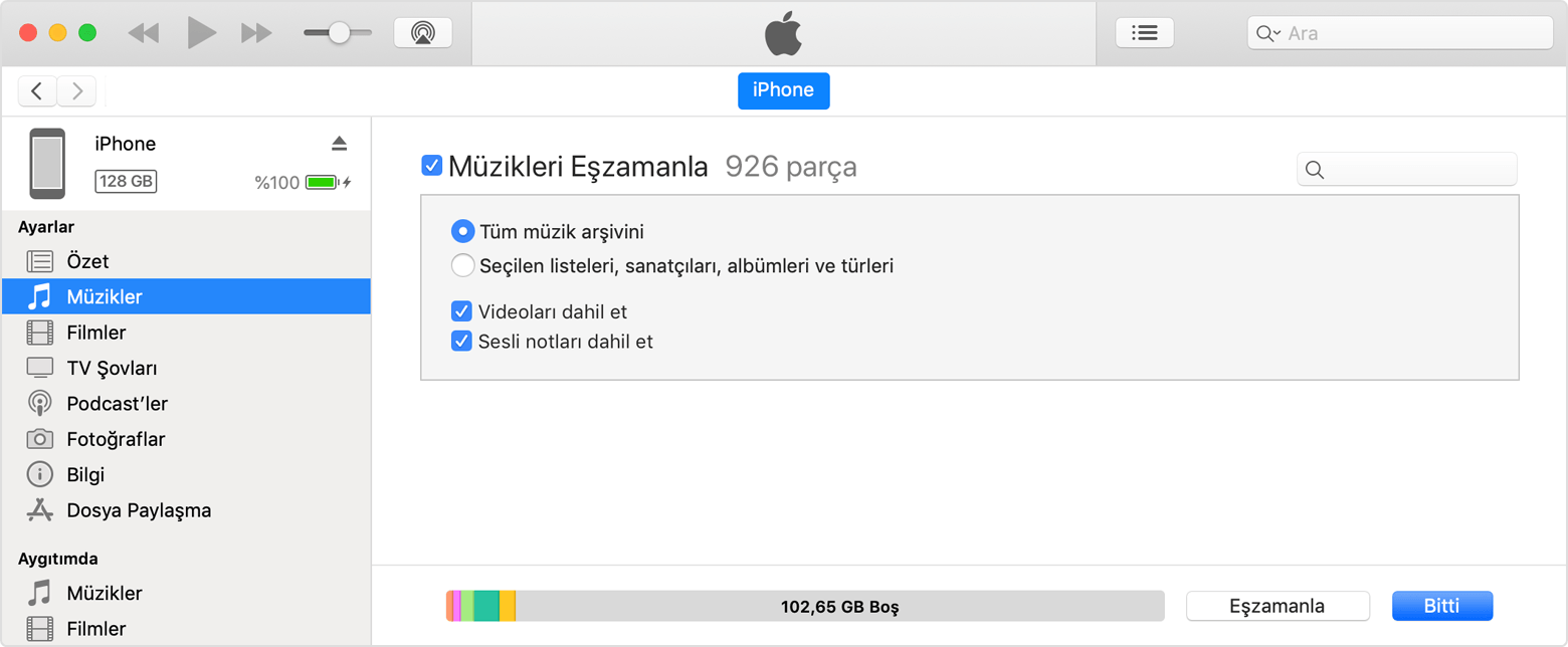 iTunes bağlı aygıtınızdaki tüm medyanın özetini gösterebilir.