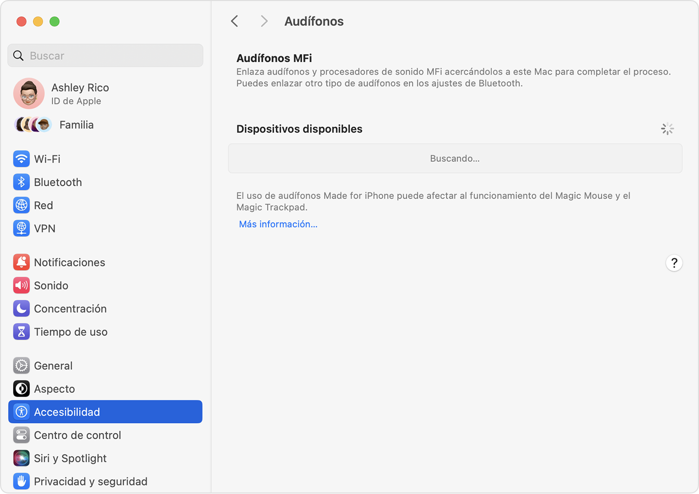 Configuración de los audífonos al buscar audífonos MFi