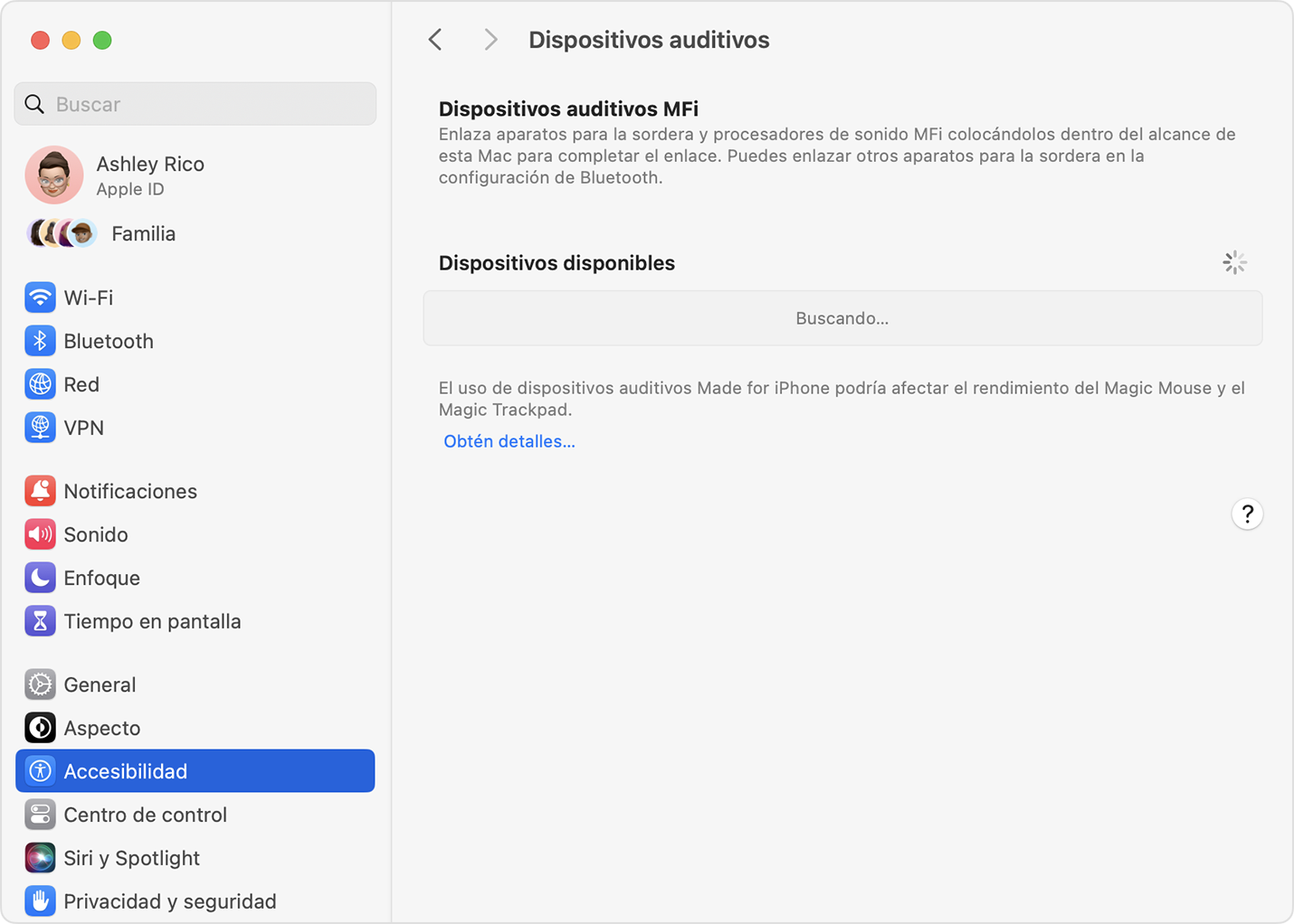 Configuración Dispositivos auditivos al buscar dispositivos auditivos MFI