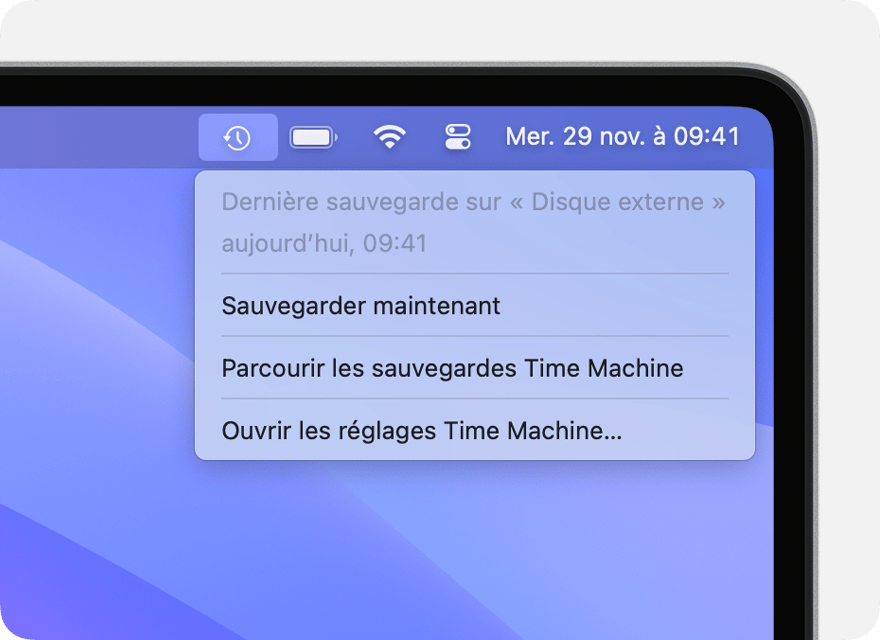 Menu Time Machine affichant des détails sur la dernière sauvegarde