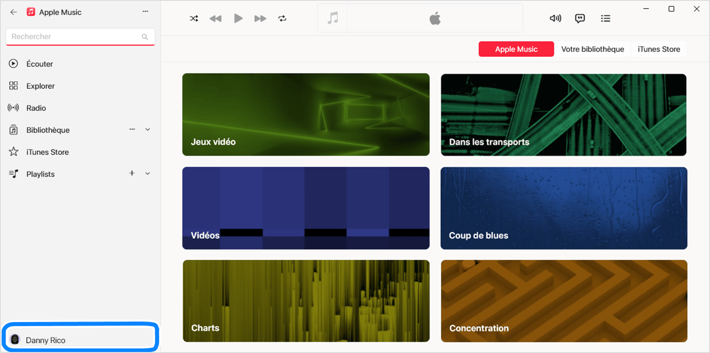 App Apple Music pour Windows montrant un nom d’utilisateur sélectionné en bas de la barre latérale