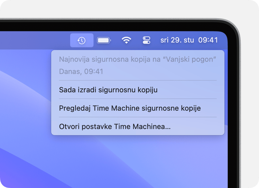 Izbornik aplikacije Time Machine s pojedinostima o najnovijoj sigurnosnoj kopiji