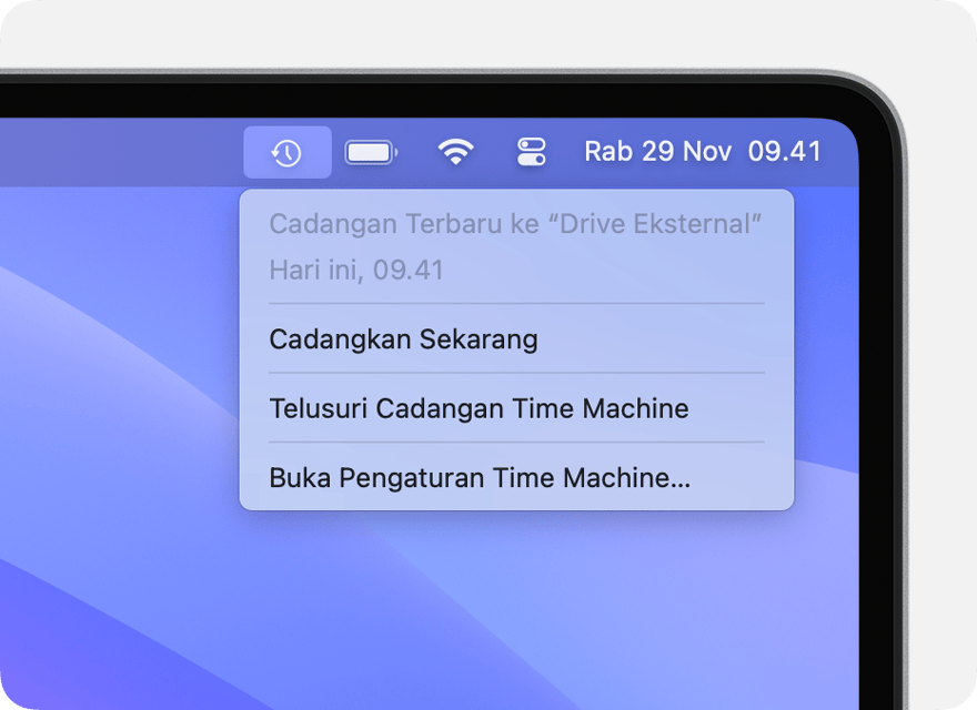 Menu Time Machine menampilkan detail tentang pencadangan terbaru