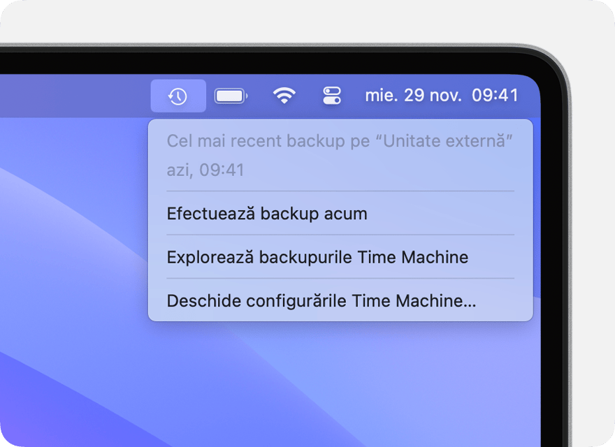 Meniul Time Machine care afișează detalii despre cel mai recent backup