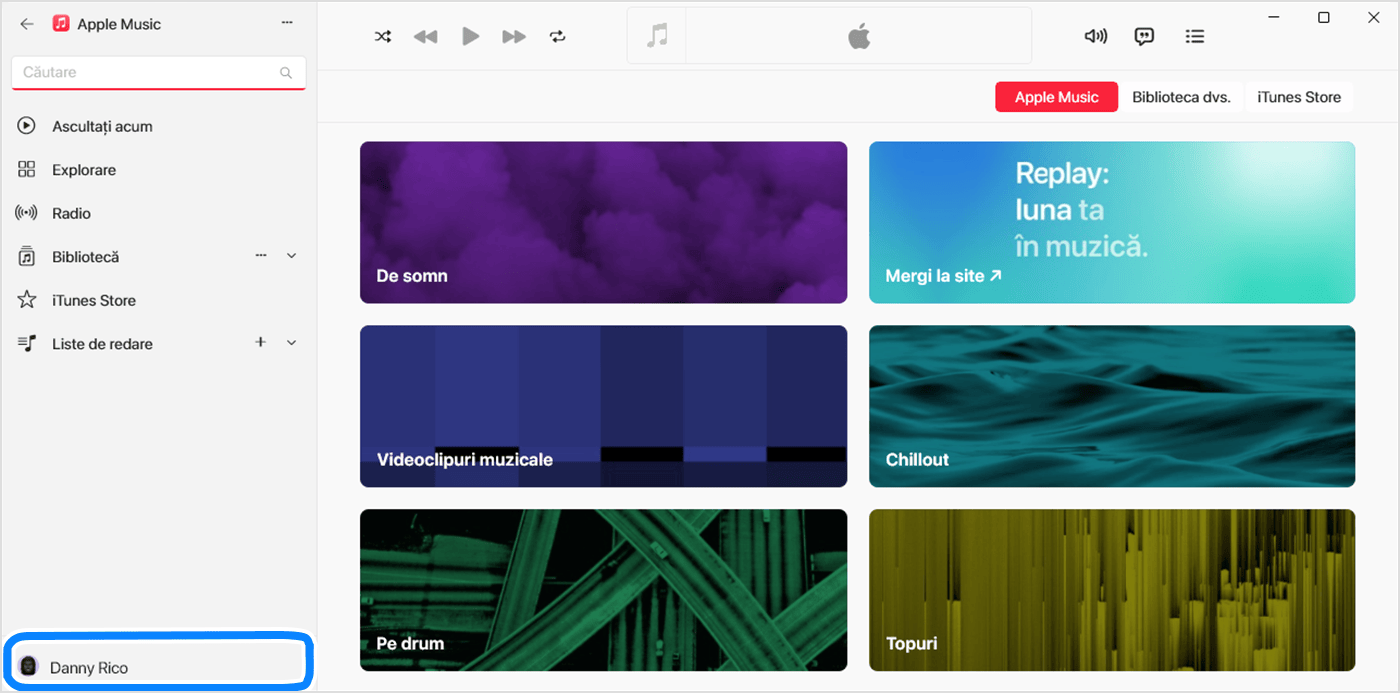Aplicația Apple Music pentru Windows, care afișează un nume de utilizator selectat în partea de jos a barei laterale.