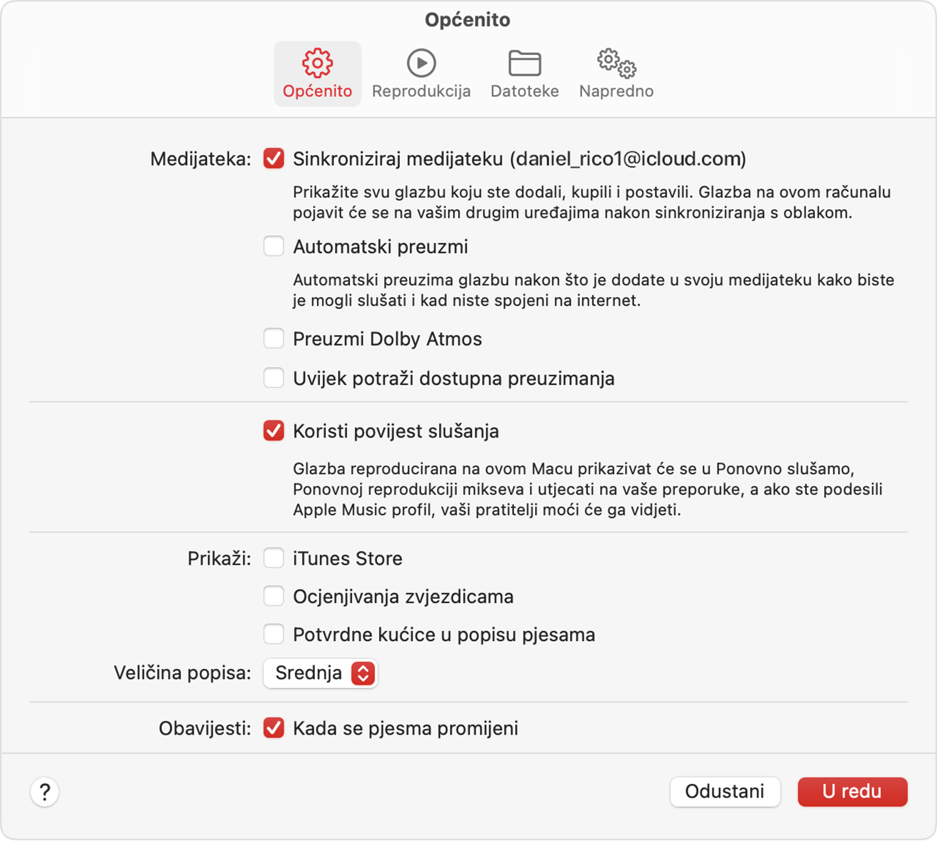 Postavke za Apple Music s prikazom uključene sinkronizacije medijateke