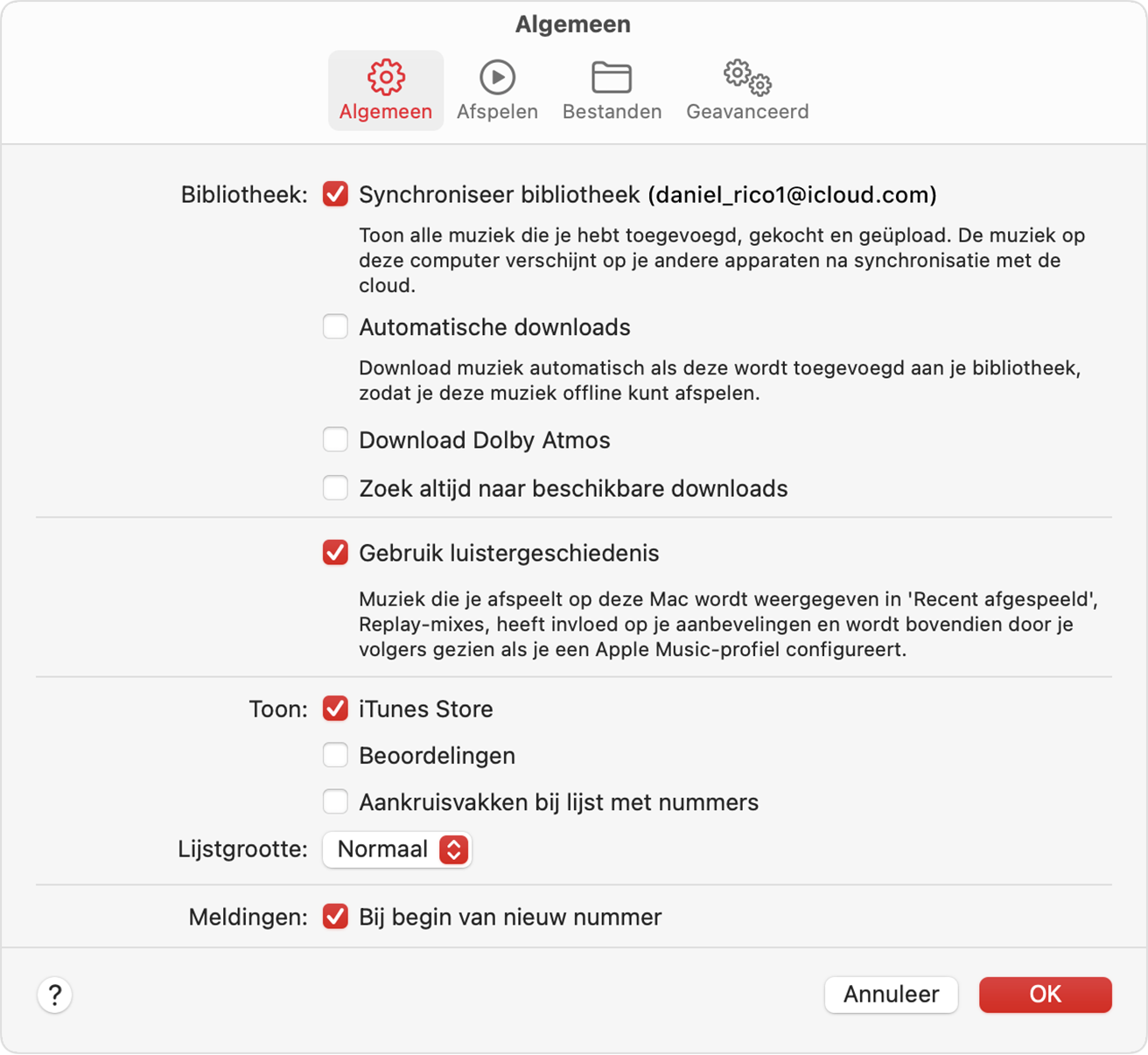 Apple Music-instellingen tonen 'Synchroniseer bibliotheek’ ingeschakeld