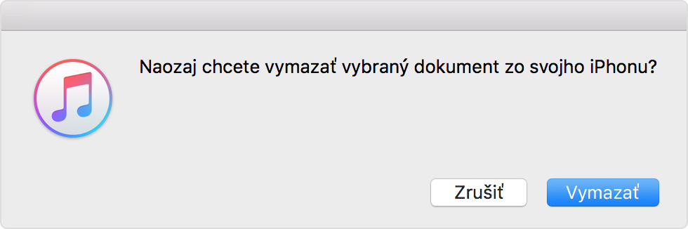 Výberom tlačidla Vymazať v iTunes potvrďte, že chcete vymazať vybratý dokument.