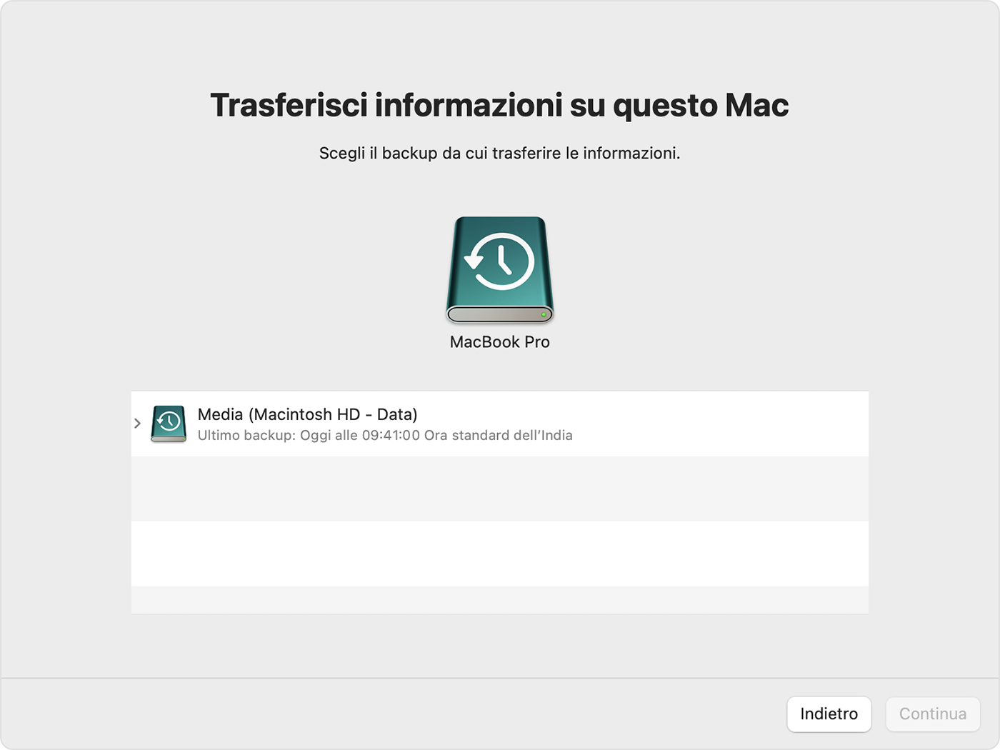 Assistente Migrazione: schermata di selezione del backup