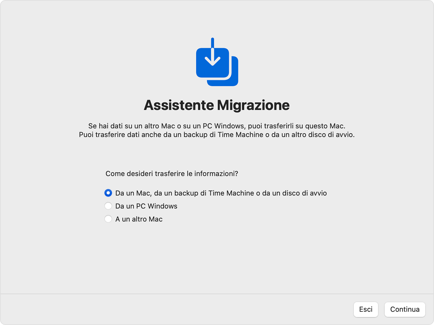 Assistente Migrazione: messaggio “Come desideri trasferire le informazioni?”