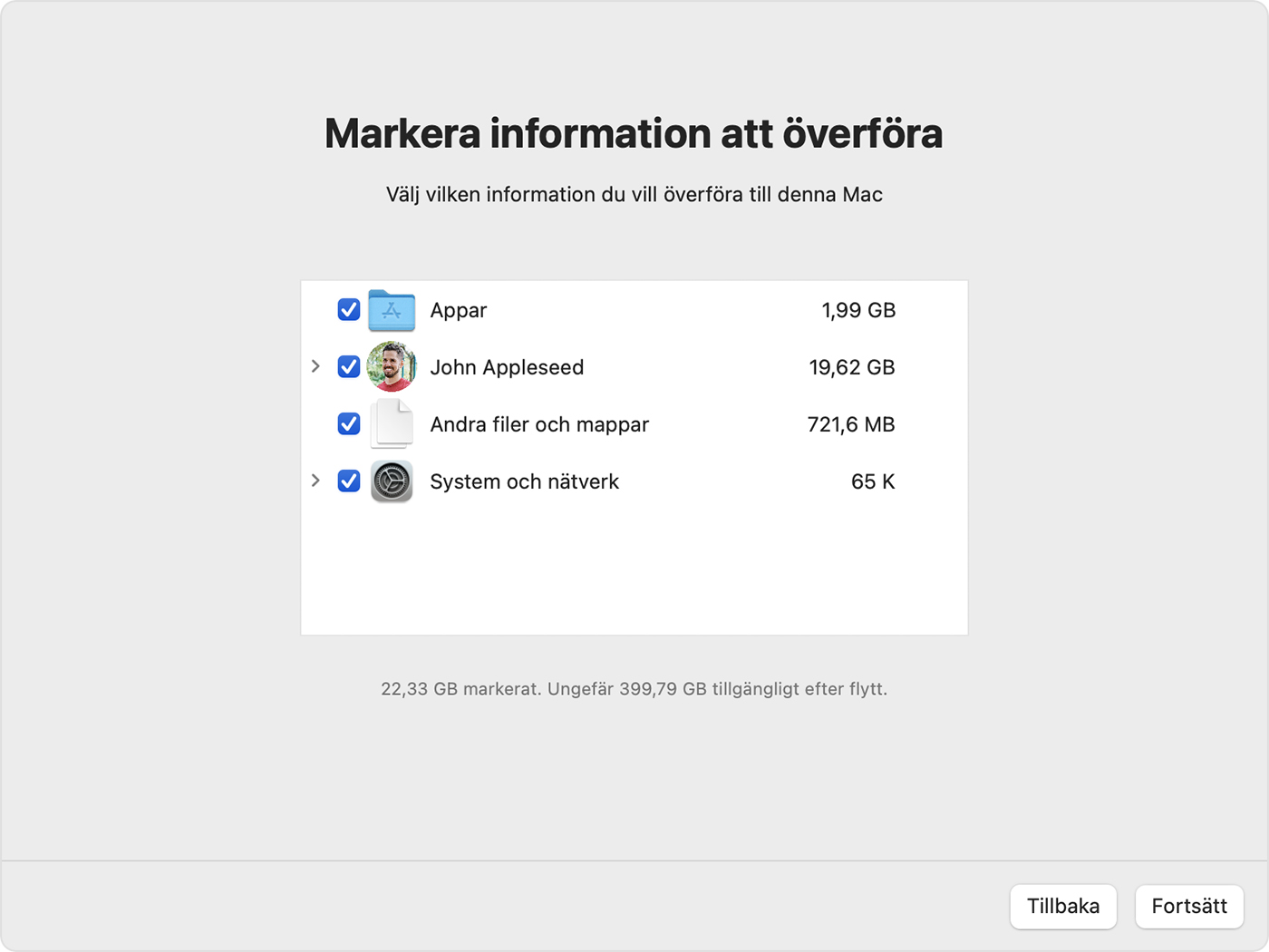 Flyttassistent: Välj vilka uppgifter som ska överföras