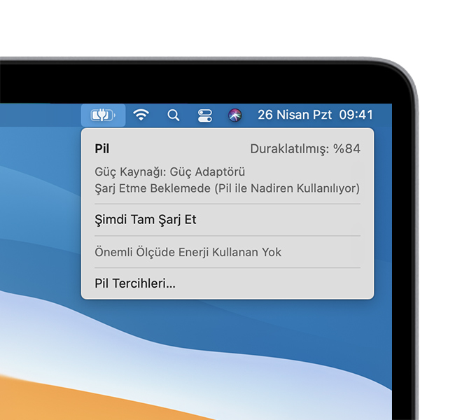 macOS'te, Şarj Etme Beklemede (Pil ile Nadiren Kullanılıyor)iletisinin görüntülendiği pil durumu menüsü