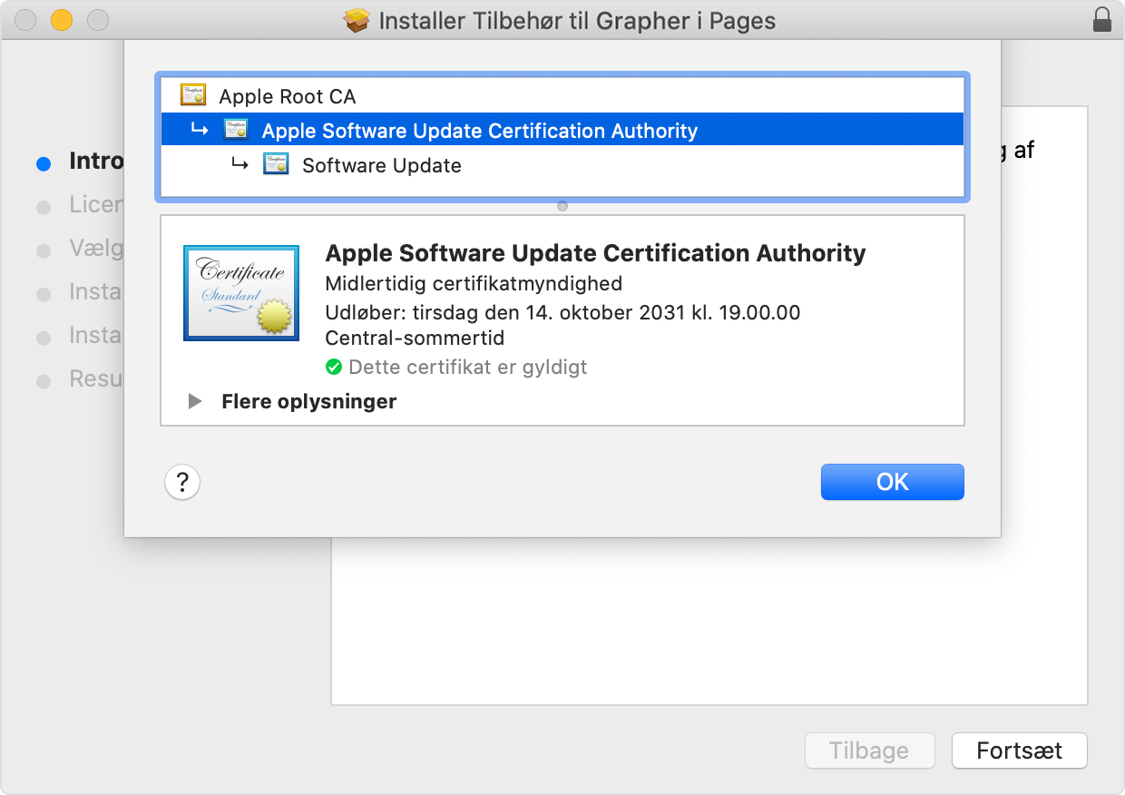 Installer window showing Apple Software Update Certificate Authority selected