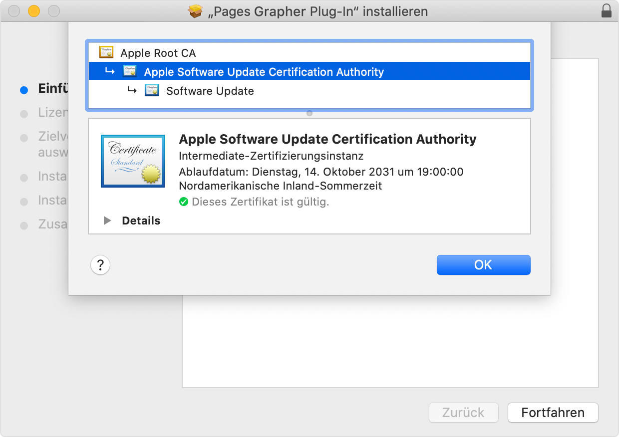 Installer window showing Apple Software Update Certificate Authority selected