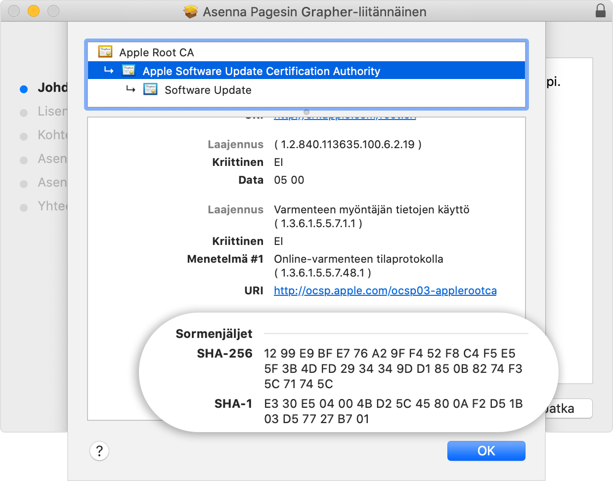 Installer window showing the fingerprints listed in the Details section