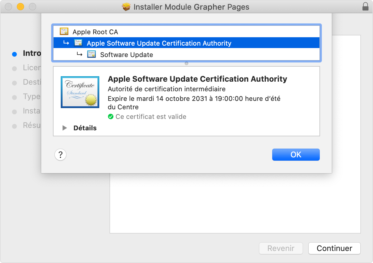 Installer window showing Apple Software Update Certificate Authority selected