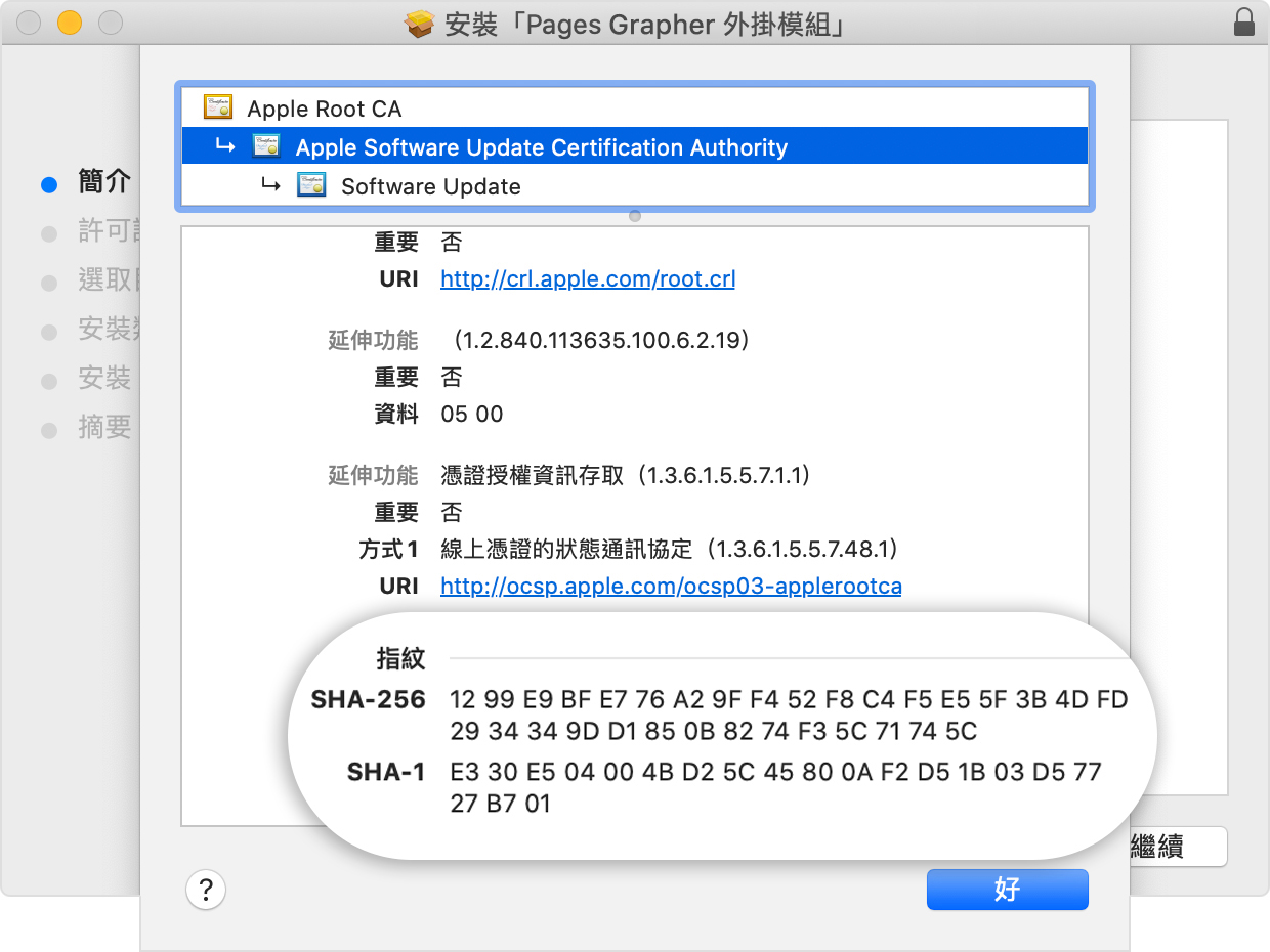 Installer window showing the fingerprints listed in the Details section