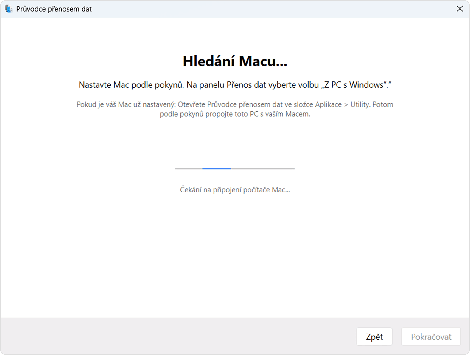 Průvodce přenosem dat na PC: Hledání Macu...
