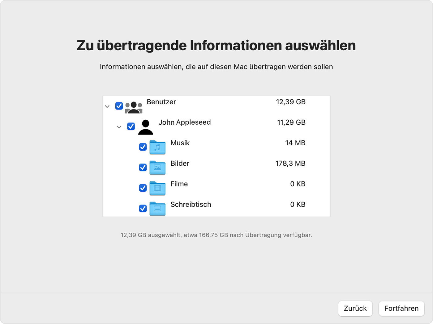 Migrationsassistent auf dem Mac: Zu übertragende Informationen auswählen