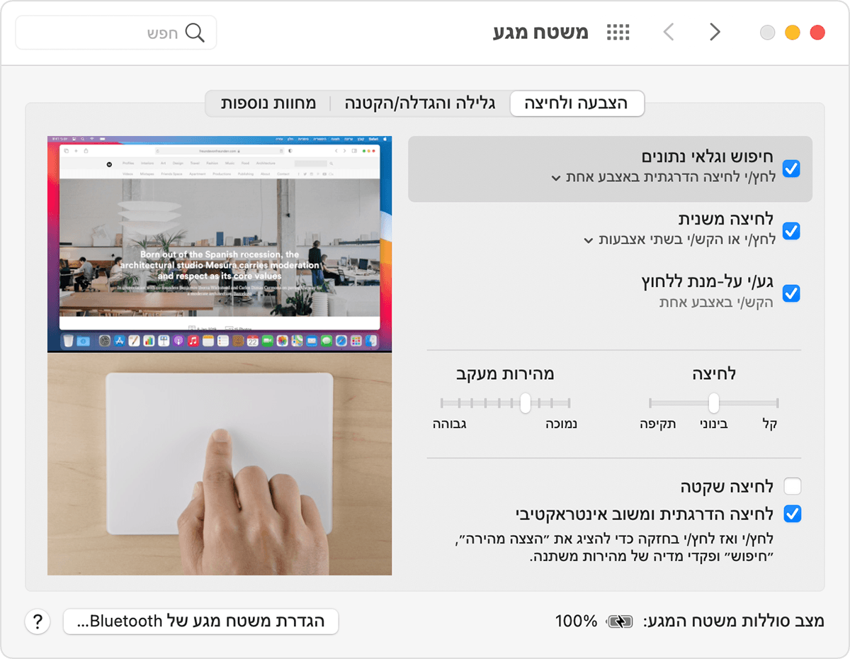 החלון 'העדפות משטח העקיבה' ב-macOS