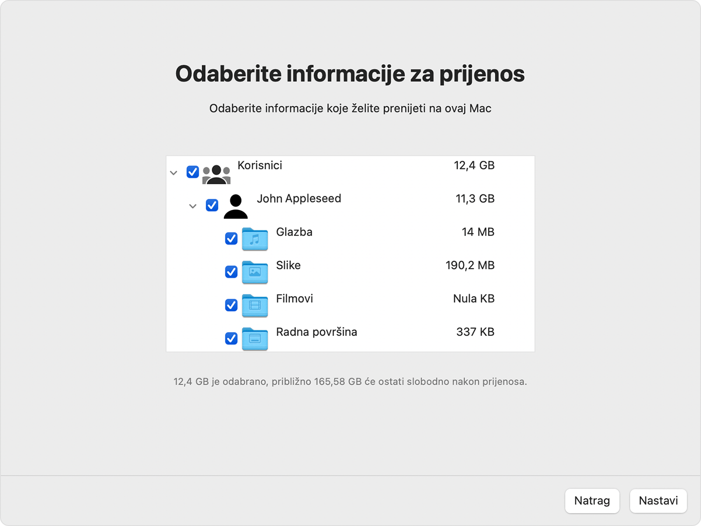 Pomoćnik za migraciju na Mac računalu: odaberite informacije za prijenos