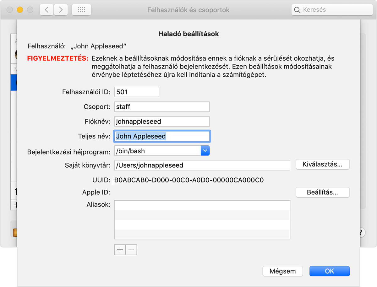 Users & Groups pane, showing the Advanced Options window