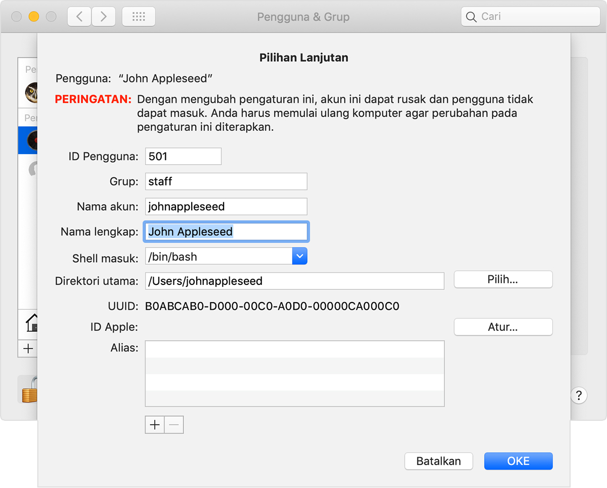 Users & Groups pane, showing the Advanced Options window